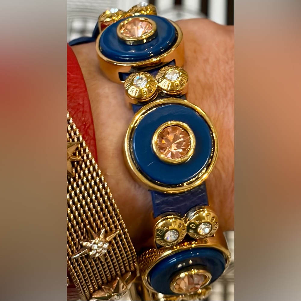 NEW FULL INCLUSION HENRI BENDEL BLUE/GOLD LEATHER BRACELET w/SWAROVSKI CRYSTALS - Picture 11 of 12